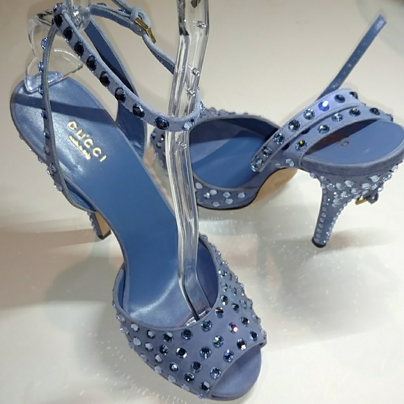 GUCCI "YULIA" PERIWINKLE CRYSTAL SUEDE SANDALS - Picture 5 of 8